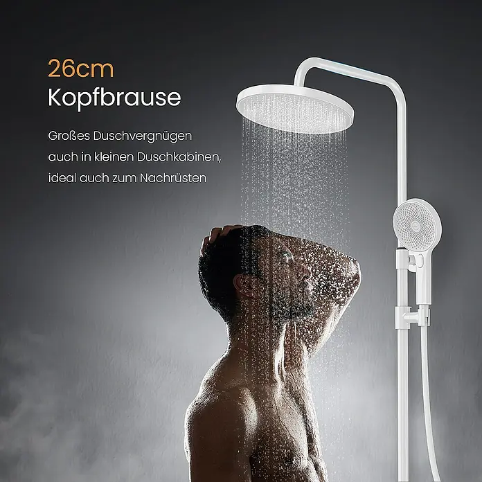 Emke Duschsystem F22 - Mit Thermostatarmatur, Lochabstand: 71,8 cm, Anzahl Strahlarten: 3 Stk., Weiß - Die Duschkopfbrause mit 26 cm Durchmesser sorgt für ein großes Duschvergnügen, ideal auch zum Nachrüsten in kleinen Duschkabinen.
