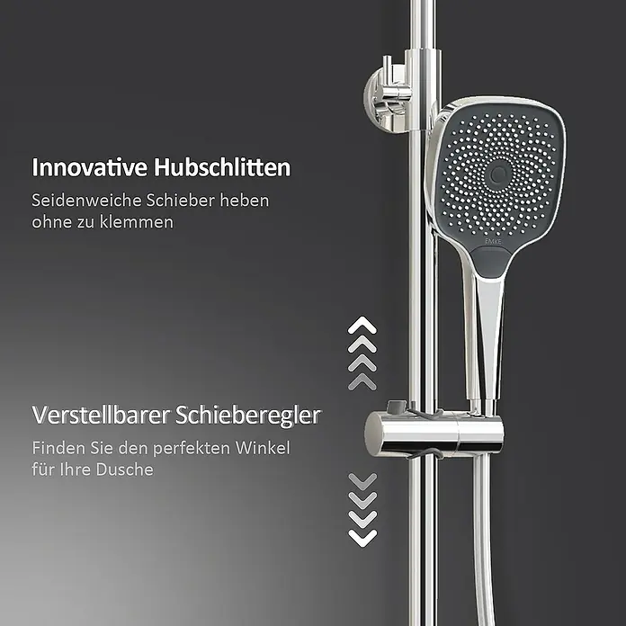 Emke Duschsystem F12 - Mit Thermostatarmatur, Lochabstand: 77,4 cm, Anzahl Strahlarten: 3 Stk., Chrom - Duschstange mit innovativem Hubschlitten und verstellbarem Schieberegler für den perfekten Duschwinkel.