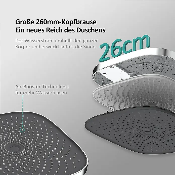 Emke Duschsystem F12 - Mit Thermostatarmatur, Lochabstand: 77,4 cm, Anzahl Strahlarten: 3 Stk., Chrom - Duschkopf mit 260 mm Durchmesser und Air-Booster-Technologie für ein neues Duscherlebnis mit mehr Wasserblasen.