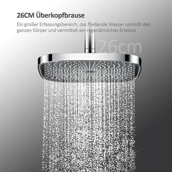 Emke Duschsystem F12 - Mit Thermostatarmatur, Lochabstand: 77,4 cm, Anzahl Strahlarten: 3 Stk., Chrom - 26 cm große Überkopfbrause aus Chrom. Das fließende Wasser sorgt für ein Erlebnis wie im Regen.