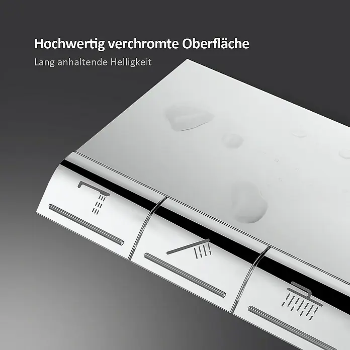 Emke Duschsystem F12 - Mit Thermostatarmatur, Lochabstand: 77,4 cm, Anzahl Strahlarten: 3 Stk., Chrom - Hochwertige, verchromte Duscharmatur mit langanhaltender Helligkeit und klaren Symbolen für die verschiedenen Funktionen.