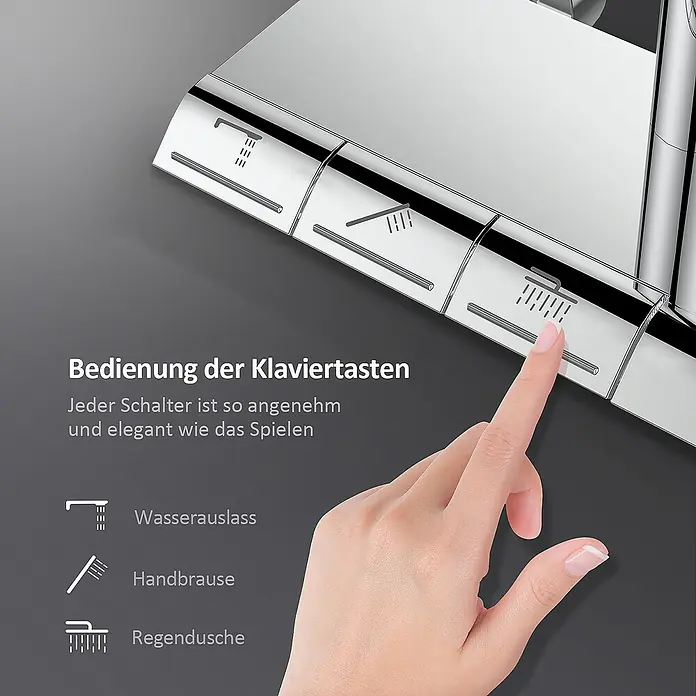 Emke Duschsystem F12 - Mit Thermostatarmatur, Lochabstand: 77,4 cm, Anzahl Strahlarten: 3 Stk., Chrom - Nahaufnahme einer Hand, die eine der Tasten einer eleganten, modernen Duscharmatur mit verschiedenen Wasserstrahloptionen bedient.