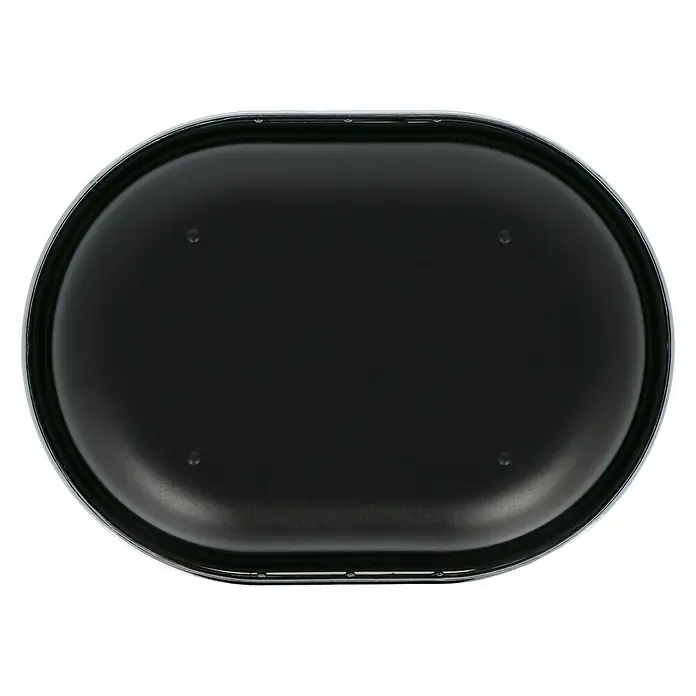 Venus Milano Seifenschale - Schwarz, Kunststoff, Verchromt - Ansicht von oben auf eine schwarze, ovale Pfanne mit silbernem Rand auf schwarzem Hintergrund.