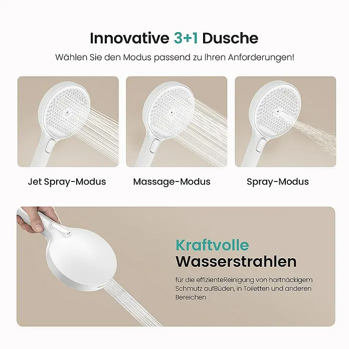 Emke Duschsystem F11X1 - Mit Thermostatarmatur, Lochabstand: 105 cm, Anzahl Strahlarten: 4 Stk., Weiß - Bild einer innovativen 3+1 Duschbrause mit verschiedenen Strahlarten für effiziente Reinigung und individuellen Duschgenuss.