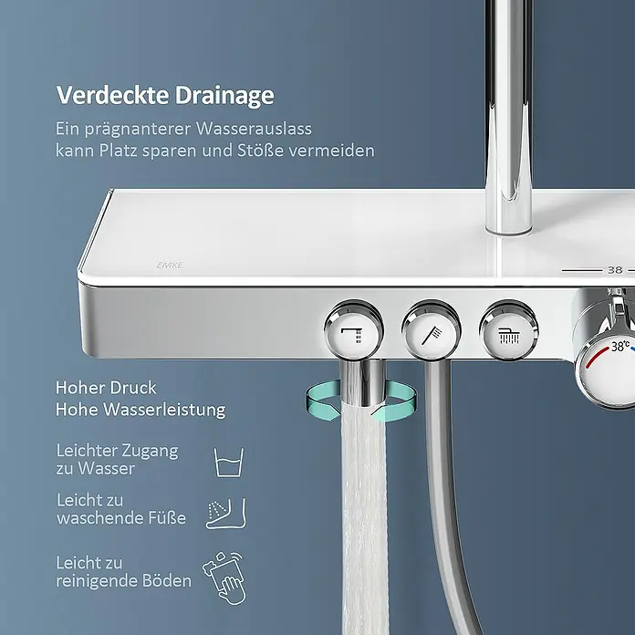 Emke Duschsystem Tastenschalter Duschsäule F10 - Mit Thermostatarmatur, Lochabstand: 72,6 cm, Anzahl Strahlarten: 3 Stk., Chrom - Bild einer modernen Duscharmatur von EMKE mit verdeckter Drainage und verschiedenen Funktionen für ein optimales Duscherlebnis.
