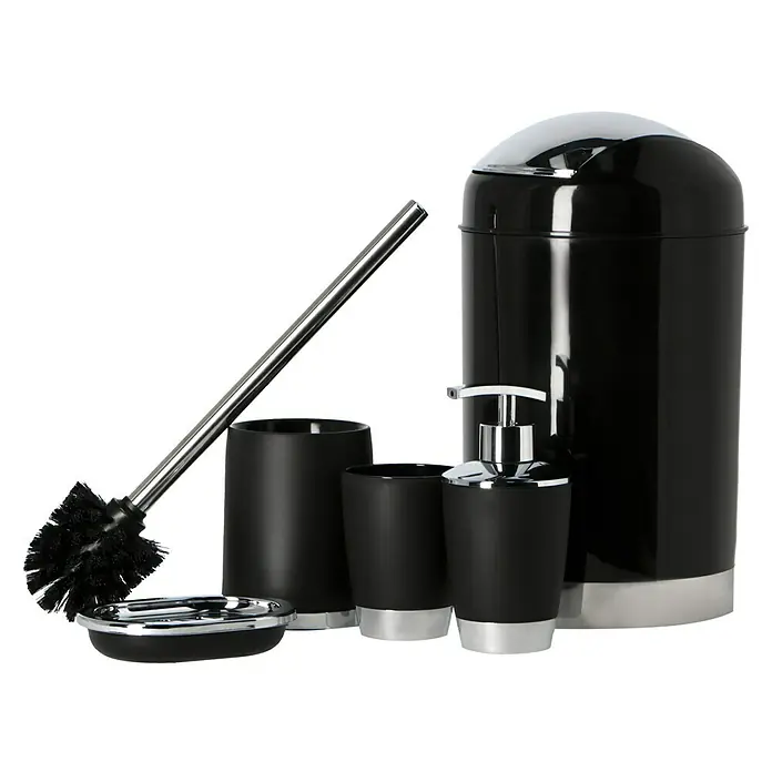Venus Milano Seifenschale - Schwarz, Kunststoff, Verchromt - Elegantes Badezimmerset in Schwarz und Silber. Das Set umfasst einen Seifenspender, einen Becher und einen Toilettenbürstenhalter.