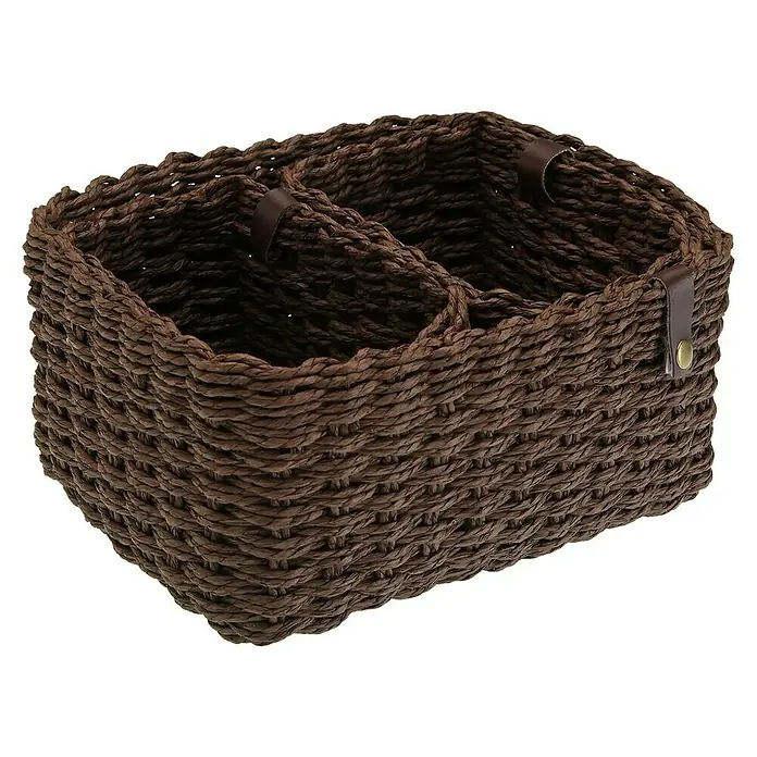 Versa Juego de cestas - Marrón, 3 pzs. - Cesta marrón de cuerda de papel tejida con compartimentos y detalles de cuero, ideal para la organización elegante en el hogar.