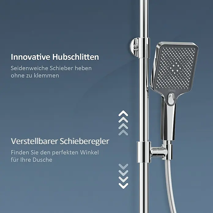 Emke Duschsystem Tastenschalter Duschsäule F10 - Mit Thermostatarmatur, Lochabstand: 72,6 cm, Anzahl Strahlarten: 3 Stk., Chrom - Produktbild einer Duschstange mit quadratischem Duschkopf. Die Duschstange ist aus Chrom und der Duschkopf hat eine graue Vorderseite.