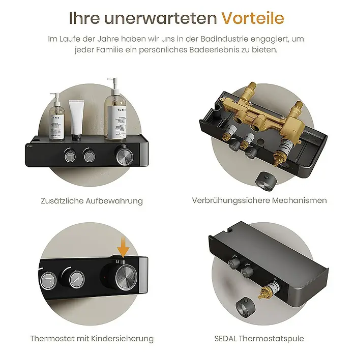 Emke Duschsystem F26 - Mit Thermostatarmatur, Lochabstand: 57,6 cm, Anzahl Strahlarten: 3 Stk., Anthrazit - Produkt-Highlights: Zusätzliche Aufbewahrung, Verbrühungsschutz, Thermostat mit Kindersicherung und SEDAL Thermostatspule für ein sicheres Badeerlebnis.