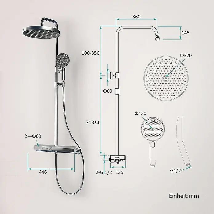 Emke Duschsystem F22 - Mit Thermostatarmatur, Lochabstand: 71,8 cm, Anzahl Strahlarten: 3 Stk., Chrom - Abbildung einer Duschgarnitur mit Maßangaben. Das Set beinhaltet eine Kopfbrause, eine Handbrause und ein Thermostat.