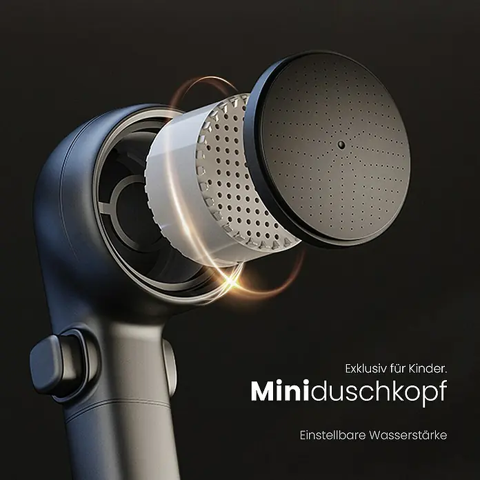 Emke Duschsystem Tastenschalter Duschsäule F09 - Mit Thermostatarmatur, Lochabstand: 70,7 cm, Anzahl Strahlarten: 3 Stk., Anthrazit - Mini-Duschkopf für Kinder mit einstellbarer Wasserstärke, präsentiert in einer Detailaufnahme.