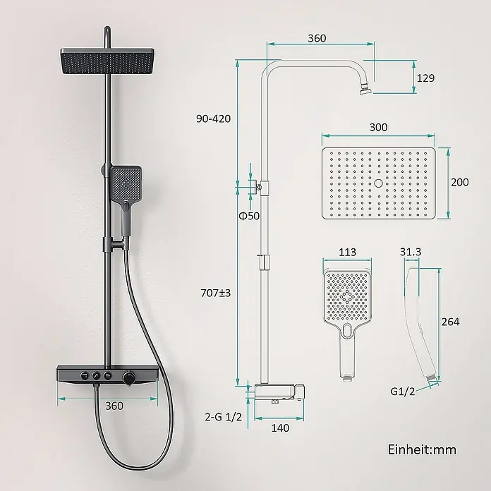 Emke Duschsystem Tastenschalter Duschsäule F09 - Mit Thermostatarmatur, Lochabstand: 70,7 cm, Anzahl Strahlarten: 3 Stk., Anthrazit - Abbildung einer Duschgarnitur mit Maßangaben zur Veranschaulichung der Abmessungen und des Designs.