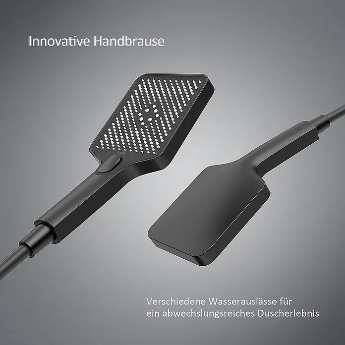 Emke Duschsystem F13 - Mit Thermostatarmatur, Lochabstand: 105 cm, Anzahl Strahlarten: 3 Stk., Schwarz - Abbildung einer innovativen schwarzen Handbrause mit verschiedenen Wasserauslässen für ein abwechslungsreiches Duscherlebnis.