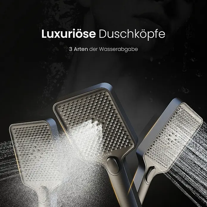Emke Duschsystem Tastenschalter Duschsäule F09 - Mit Thermostatarmatur, Lochabstand: 70,7 cm, Anzahl Strahlarten: 3 Stk., Anthrazit - Luxuriöse Duschköpfe mit 3 Arten der Wasserabgabe für ein entspannendes Duscherlebnis. Genießen Sie die Vielfalt!