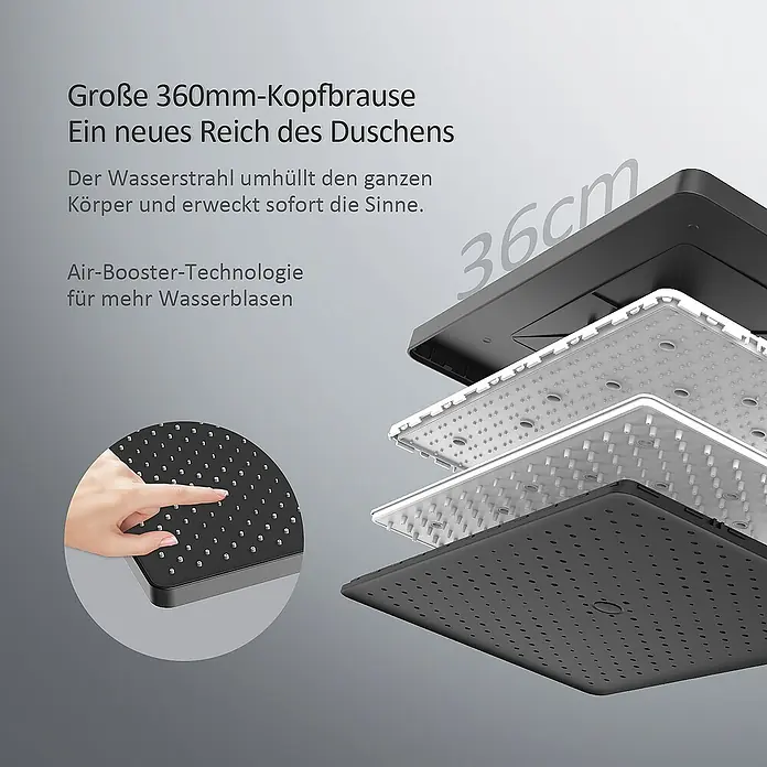 Emke Duschsystem F13 - Mit Thermostatarmatur, Lochabstand: 105 cm, Anzahl Strahlarten: 3 Stk., Schwarz - Detaillierte Ansicht einer 360-mm-Kopfbrause mit Air-Booster-Technologie für ein intensives Duscherlebnis. Die Brause verspricht ein neues Duschgefühl.