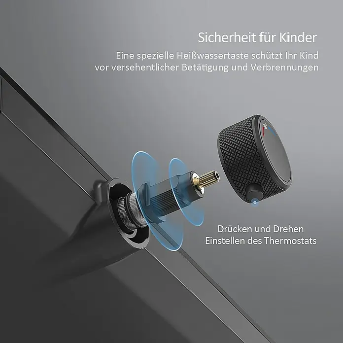 Emke Duschsystem F13 - Mit Thermostatarmatur, Lochabstand: 105 cm, Anzahl Strahlarten: 3 Stk., Schwarz - Produktdetailaufnahme eines Thermostatventils mit Kindersicherung.