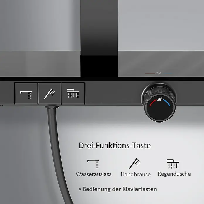 Emke Duschsystem F13 - Mit Thermostatarmatur, Lochabstand: 105 cm, Anzahl Strahlarten: 3 Stk., Schwarz - Nahaufnahme einer Duscharmatur mit drei Funktionsmodi, Temperaturregler und Beschriftungen für die verschiedenen Duschoptionen.