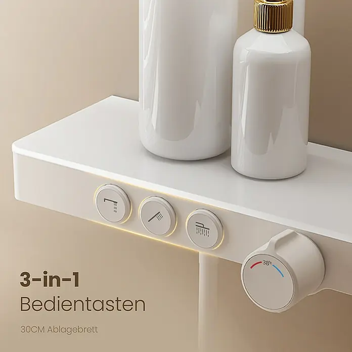 Emke Duschsystem Tastenschalter Duschsäule F09 - Mit Thermostatarmatur, Lochabstand: 70,7 cm, Anzahl Strahlarten: 3 Stk., Weiß - Duscharmatur mit Ablagefläche und Bedienknöpfen zur Auswahl der Strahlart. Inklusive Temperaturregler für optimalen Duschkomfort.