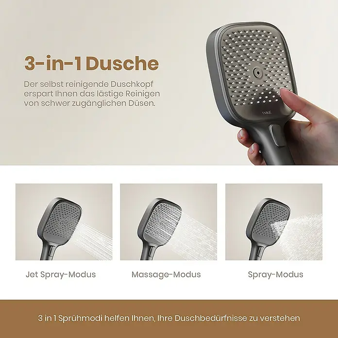 Emke Duschsystem F23 - Mit Thermostatarmatur, Lochabstand: 105 cm, Anzahl Strahlarten: 3 Stk., Anthrazit - Bild einer 3-in-1 Duschkopf mit Selbstreinigungsfunktion und drei Strahlarten: Jet Spray, Massage und Spray.