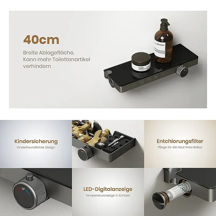 Emke Duschsystem F23 - Mit Thermostatarmatur, Lochabstand: 105 cm, Anzahl Strahlarten: 3 Stk., Anthrazit - Elegante Duscharmatur mit Ablagefläche für Badezimmerutensilien, Kindersicherung, digitaler LED-Anzeige und Entchlorungsfilter für sanfte Hautpflege.