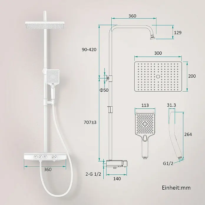 Emke Duschsystem Tastenschalter Duschsäule F09 - Mit Thermostatarmatur, Lochabstand: 70,7 cm, Anzahl Strahlarten: 3 Stk., Weiß - Abbildung einer Duschgarnitur mit Maßen. Präsentiert die Abmessungen und Details einer modernen Duschgarnitur mit Kopf- und Handbrause für detaillierte Einblicke.