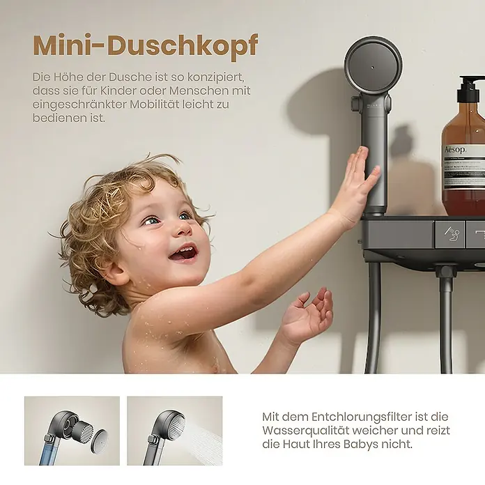 Emke Duschsystem F23 - Mit Thermostatarmatur, Lochabstand: 105 cm, Anzahl Strahlarten: 3 Stk., Anthrazit - Bild einer Mini-Duschkopf-Werbung mit einem Kind.