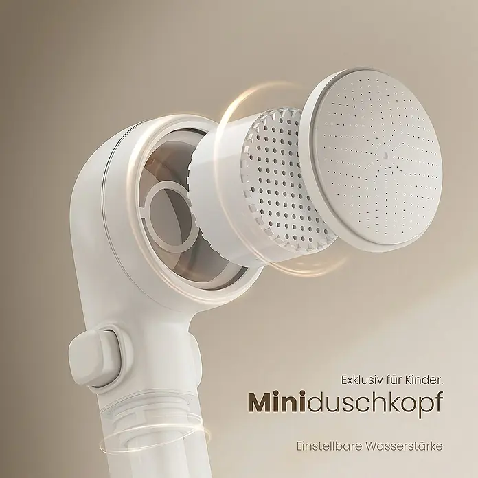 Emke Duschsystem Tastenschalter Duschsäule F09 - Mit Thermostatarmatur, Lochabstand: 70,7 cm, Anzahl Strahlarten: 3 Stk., Weiß - Abbildung eines Mini-Duschkopfs für Kinder, der eine einstellbare Wasserstärke bietet und exklusiv für Kinder entwickelt wurde.