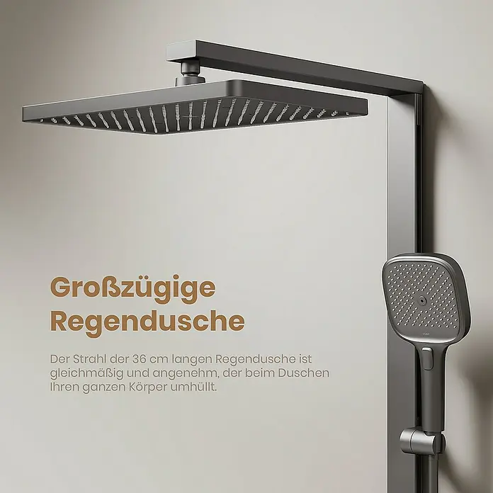 Emke Duschsystem F23 - Mit Thermostatarmatur, Lochabstand: 105 cm, Anzahl Strahlarten: 3 Stk., Anthrazit - Ein modernes Duschsystem mit quadratischem Kopf und Handbrause in dunklem Grau.