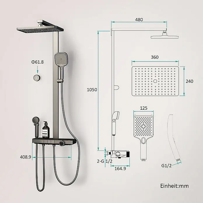 Emke Duschsystem F23 - Mit Thermostatarmatur, Lochabstand: 105 cm, Anzahl Strahlarten: 3 Stk., Anthrazit - Abbildung eines Duschpaneels mit Kopf- und Handbrause, Maße in Millimetern für Design- und Installationszwecke.