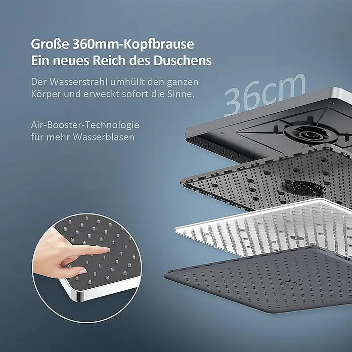 Emke Duschsystem Tastenschalter Duschsäule F10 - Mit Thermostatarmatur, Lochabstand: 72,6 cm, Anzahl Strahlarten: 3 Stk., Anthrazit - Darstellung eines großen 360-mm-Duschkopfs mit Air-Booster-Technologie für ein neues Duscherlebnis mit mehr Wasserblasen.