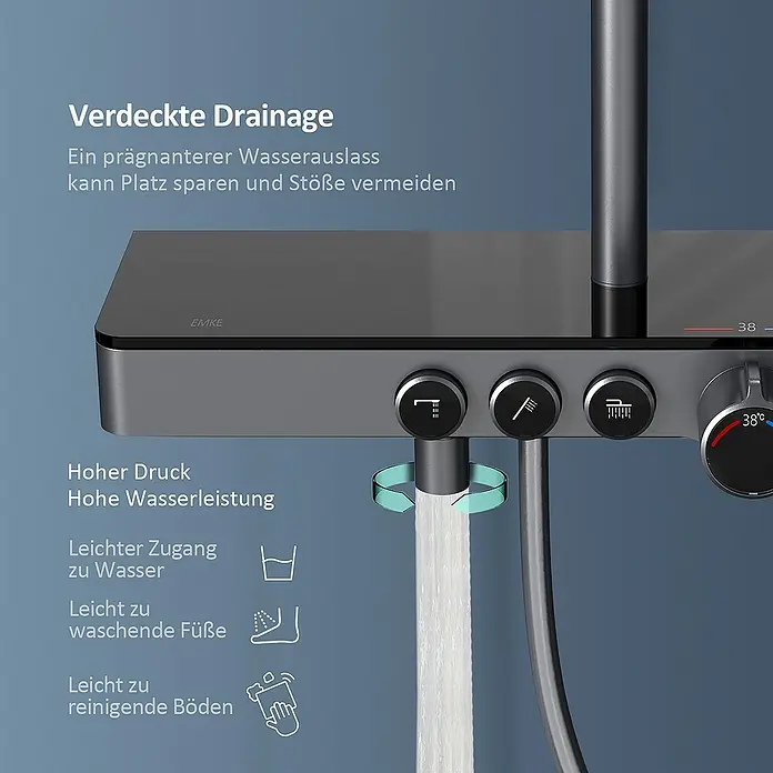 Emke Duschsystem Tastenschalter Duschsäule F10 - Mit Thermostatarmatur, Lochabstand: 72,6 cm, Anzahl Strahlarten: 3 Stk., Anthrazit - Bild einer modernen Duscharmatur von EMKE mit verdeckter Drainage, die Platz spart und Stöße vermeidet.