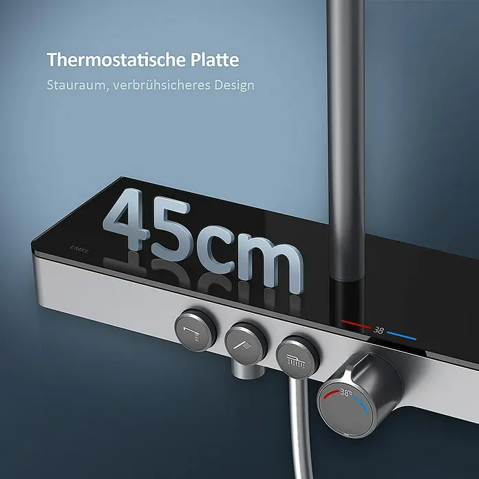 Emke Duschsystem Tastenschalter Duschsäule F10 - Mit Thermostatarmatur, Lochabstand: 72,6 cm, Anzahl Strahlarten: 3 Stk., Anthrazit - Thermostatische Duscharmatur mit digitaler Anzeige, 45 cm breit, für ein komfortables und sicheres Duscherlebnis.