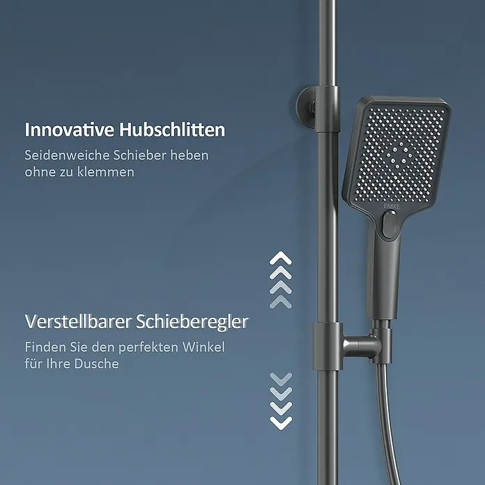 Emke Duschsystem Tastenschalter Duschsäule F10 - Mit Thermostatarmatur, Lochabstand: 72,6 cm, Anzahl Strahlarten: 3 Stk., Anthrazit - Detaillierte Ansicht einer EMKE Duschstange mit Handbrause, die innovative Hubschlitten und einen verstellbaren Schieberegler für den perfekten Winkel bietet.
