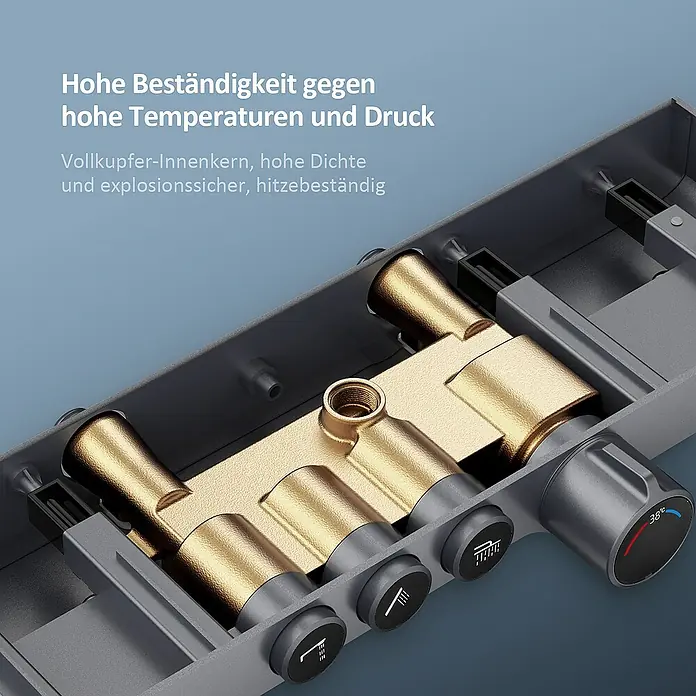 Emke Duschsystem Tastenschalter Duschsäule F10 - Mit Thermostatarmatur, Lochabstand: 72,6 cm, Anzahl Strahlarten: 3 Stk., Anthrazit - Detaillierte Aufnahme einer Unterputz-Duscharmatur mit hoher Temperaturbeständigkeit und Druckfestigkeit, ideal für moderne Badezimmer.