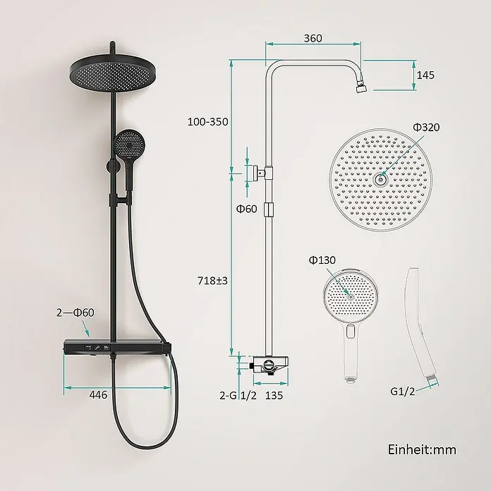 Emke Duschsystem F22 - Mit Thermostatarmatur, Lochabstand: 71,8 cm, Anzahl Strahlarten: 3 Stk., Schwarz - Bild einer Duschgarnitur mit Maßangaben. Die Duschgarnitur ist schwarz und hat eine runde Kopfbrause und eine Handbrause.