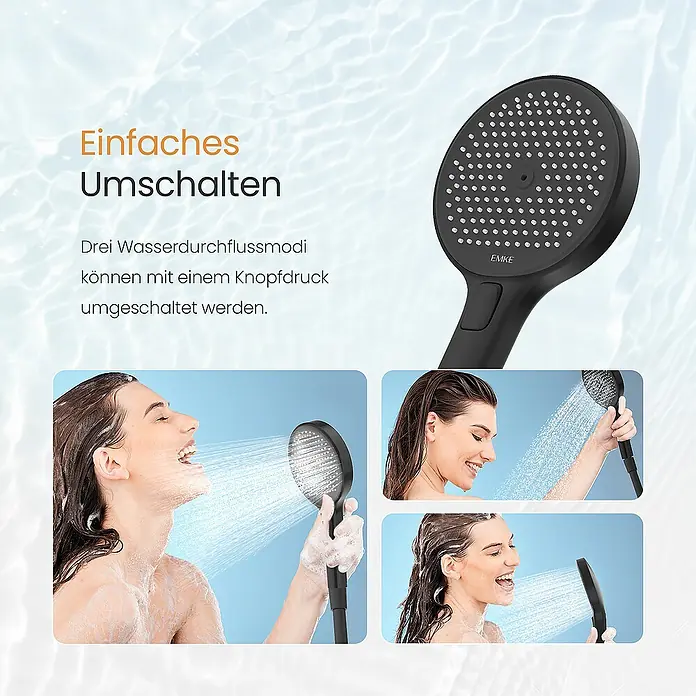 Emke Duschsystem F22 - Mit Thermostatarmatur, Lochabstand: 71,8 cm, Anzahl Strahlarten: 3 Stk., Schwarz - Die EMKE Handbrause mit drei Wasserdurchflussmodi für ein angenehmes Duscherlebnis. Einfaches Umschalten per Knopfdruck.