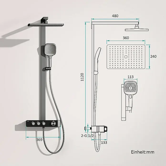 Emke Duschsystem Einstellbare Wassermenge F27 - Mit Thermostatarmatur, Lochabstand: 112 cm, Anzahl Strahlarten: 3 Stk., Anthrazit - Abbildung einer Duschgarnitur mit Maßangaben, inklusive Kopfbrause, Handbrause und Bedienelementen, zur Veranschaulichung der Produktabmessungen.