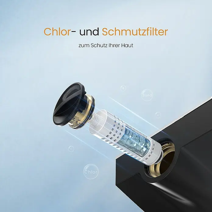 Emke Duschsystem F22 - Mit Thermostatarmatur, Lochabstand: 71,8 cm, Anzahl Strahlarten: 3 Stk., Schwarz - Bild eines Chlor- und Schmutzfilters zum Schutz Ihrer Haut. Der Filter ist weiß und transparent, mit blauen Filterelementen.