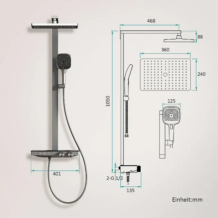 Emke Duschsystem Einstellbare Wassermenge F29 - Mit Thermostatarmatur, Lochabstand: 105 cm, Anzahl Strahlarten: 4 Stk., Anthrazit - Abbildung einer Duschsäule mit Maßangaben. Die Duschsäule besteht aus einer Kopfbrause, einer Handbrause und einem Bedienfeld. Die Maße sind in Millimetern angegeben.