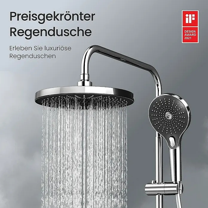 Emke Duschsystem F25 - Mit Thermostatarmatur, Lochabstand: 110 cm, Anzahl Strahlarten: 3 Stk., Chrom - Abbildung einer preisgekrönten Regendusche mit Handbrause. Erleben Sie luxuriöse Regenduschen.