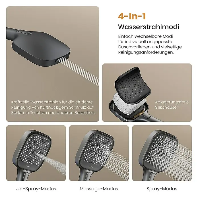 Emke Duschsystem Einstellbare Wassermenge F29 - Mit Thermostatarmatur, Lochabstand: 105 cm, Anzahl Strahlarten: 4 Stk., Anthrazit - Bild einer 4-in-1-Brause mit verschiedenen Strahlmodi für eine individuelle und vielseitige Reinigung.