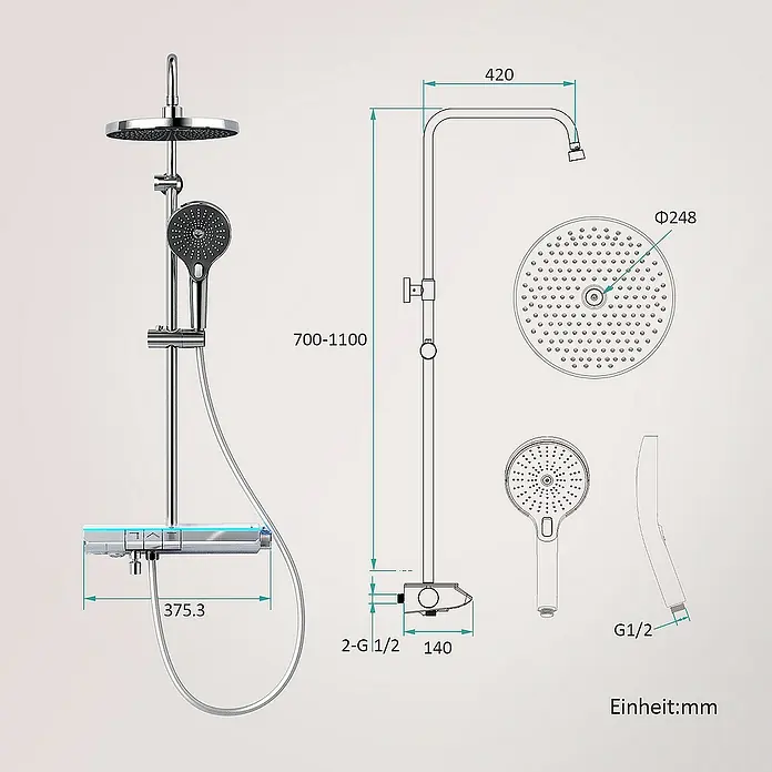Emke Duschsystem F25 - Mit Thermostatarmatur, Lochabstand: 110 cm, Anzahl Strahlarten: 3 Stk., Chrom - Abbildung eines Duschsystems mit den Maßen: 375,3 mm breit, 700-1100 mm hoch, 420 mm tief, Durchmesser von 248 mm und Einheit in mm.