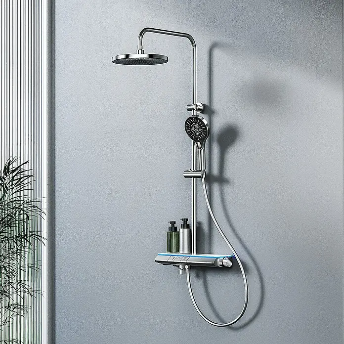 Emke Duschsystem F25 - Mit Thermostatarmatur, Lochabstand: 110 cm, Anzahl Strahlarten: 3 Stk., Chrom - Duschsäule mit Kopf- und Handbrause, Ablage und Armatur. Modernes Design für Ihr Badezimmer.