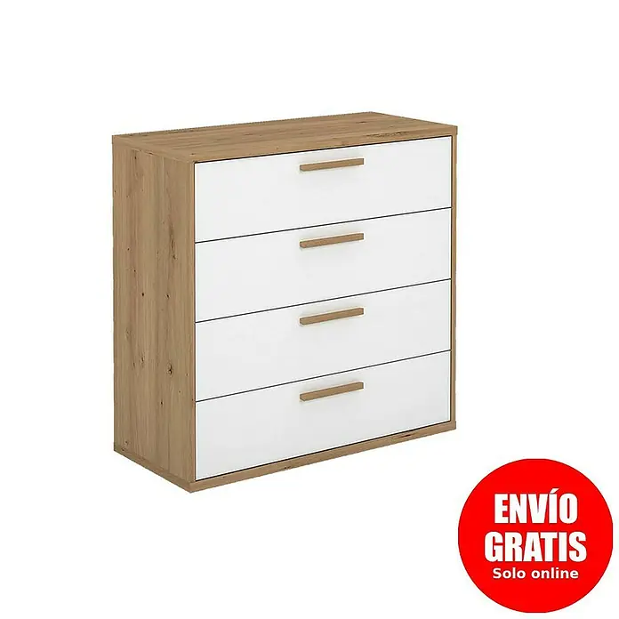 Meka Block Cómoda K-977 - L x An x Al: 88,2 x 40 x 86,5 cm, Roble Albar/Blanco Poro, Número de cajones: 4 ud. - Cómoda moderna con cuatro cajones. La decoración de madera y los frentes blancos dan un toque elegante a tu habitación. Práctica y bonita.