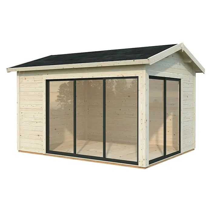 Palmako Gartenhaus Amanda Slide Plus - Außenmaß inkl. Dachüberstand (B x T): 434 x 340 cm, Unbehandltes Holz, Natur - Abbildung eines modernen Holzgartenhauses mit dunklem Dach und großen Glasfenstern, ideal für den Garten.