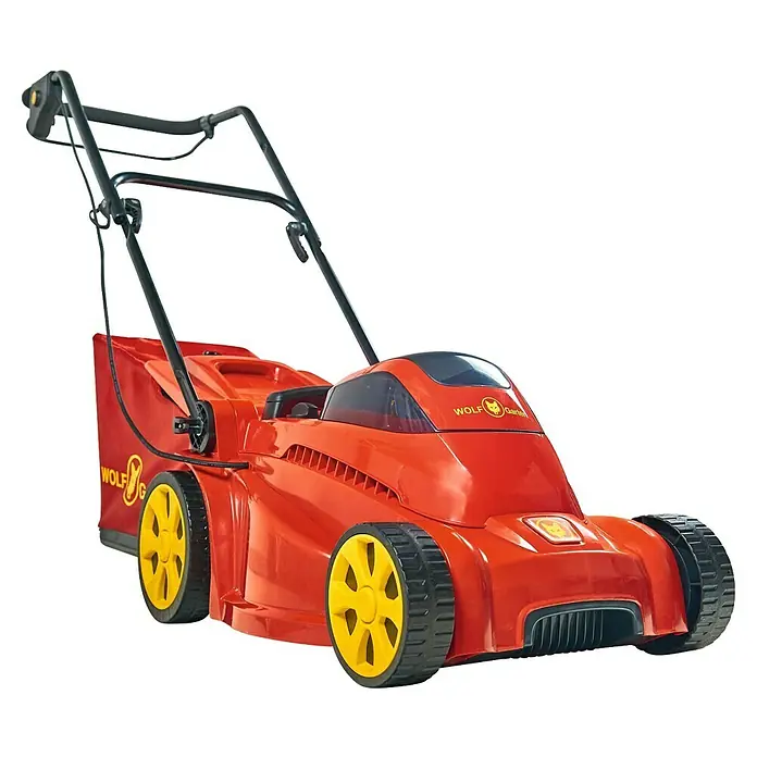 Wolf-Garten Akku-Rasenmäher Lycos 40/340 M - 40 V, 1 Akku, 5 Ah, Schnittbreite: 34 cm - Ein roter Wolf Garten Rasenmäher mit gelben Rädern und schwarzem Griff, ideal für die Rasenpflege.
