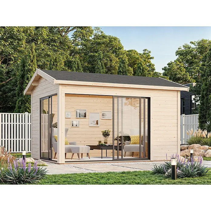 Palmako Gartenhaus Amanda Slide - Außenmaß inkl. Dachüberstand (B x T): 434 x 340 cm, Tauchgrundiertes Holz, Natur - Gartenhaus mit Schiebetüren und stilvoller Einrichtung. Ideal für Entspannung im Freien.