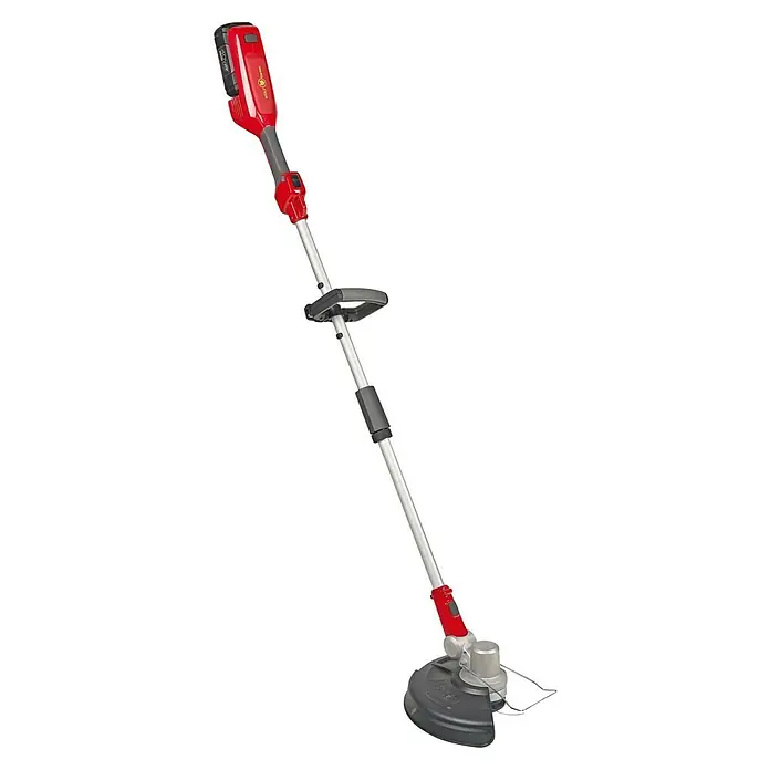 Wolf-Garten Recortabordes de batería 40/300 T - 40 V, 2,5 Ah, Iones de litio, 1 batería - La imagen muestra un cortacésped inalámbrico con mango rojo y eje plateado, ideal para trabajos de jardinería precisos. Es ligero y fácil de usar.