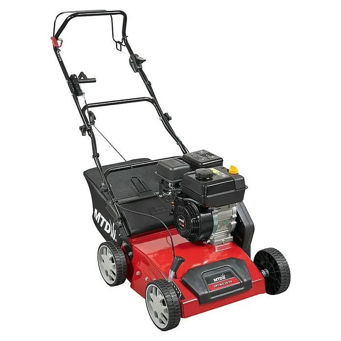 MTD Benzin-Vertikutierer Optima 38 VO - 4 kW, Arbeitsbreite: 38 cm - Hier ist ein roter MTD Optima 35 VO Vertikutierer, der sich perfekt für die Rasenpflege eignet. Er sorgt für einen gepflegten und gesunden Rasen.