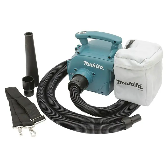 Makita LXT 18V Akku-Staubsauger DVC350Z - 18 V, Ohne Akku, Behältervolumen: 3 l - Das Makita Vakuumgerät präsentiert sich mit seinem Zubehör, darunter Schläuche, Düsen und ein Auffangsack, ideal für Reinigungsarbeiten.